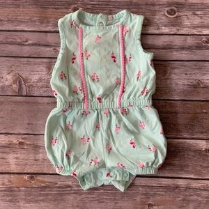 turquoise romper with pink flamingos